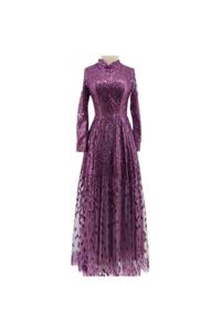 FAHRETTİN MODA Mürdüm Yaprak Desenli Tüllü Simli Tesettür Abiye