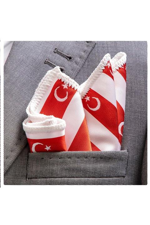 Exve Exclusive Kırmızı Beyaz Türk Bayraklı Türkiye Kenar Örgülü Cep Mendili