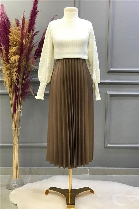 Ebrar Store Piliseli Deri Etek-sa2375-kahve