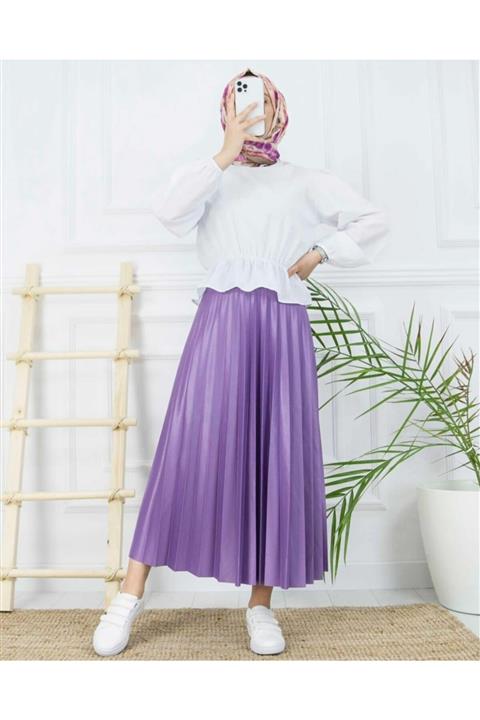 Berra Kadın Tesettür Beyaz Bel Lastikli Piliseli Etek