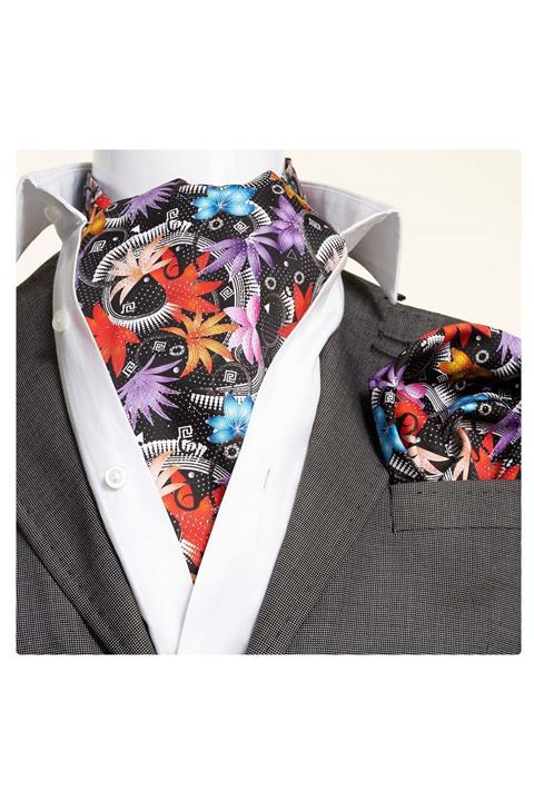 Exve Exclusive Siyah Üzeri Renkli Çiçekli Pamuk Saten Fular Mendil Seti