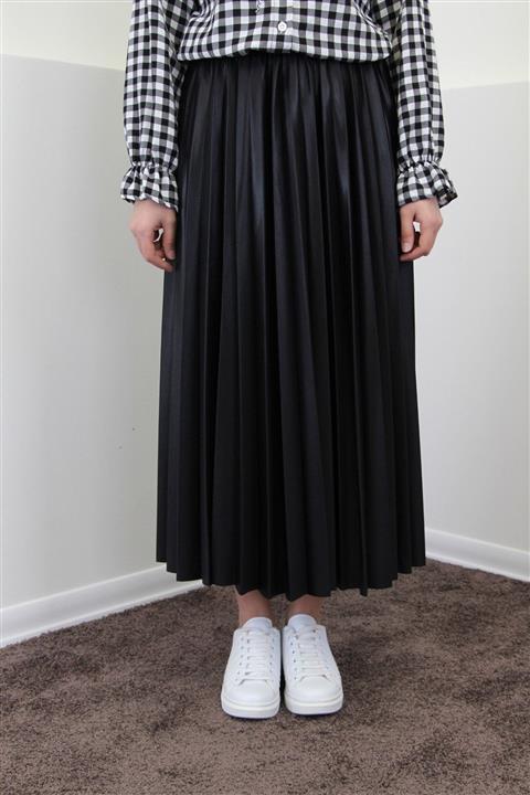 Esvet Kadın Siyah Tesettür Piliseli Beli Lastikli Etek