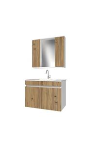 banos Kl7 Ayaksız 2 Kapaklı Lavabolu Ceviz Beyaz Mdf 85 Cm Banyo Dolabı Aynalı Üst Dolabı