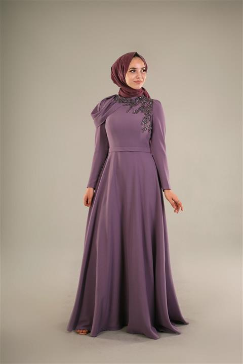 Letta Butik Hennin Lila Taş Işlemeli Omuz Detaylı Tesettür Abiye 4201