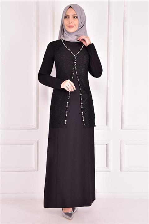 ModaMerve İnci Detay Elbise Siyah