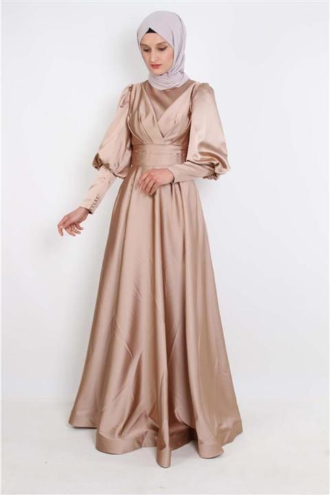 hipatu 4192 Kruvaze Detaylı Saten Gold Abiye