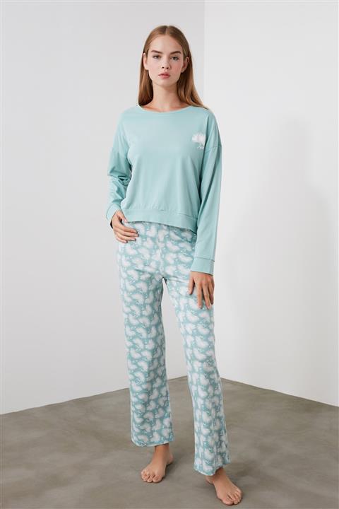TRENDYOLMİLLA Mint Baskılı Örme  Pijama Takımı THMAW21PT0243