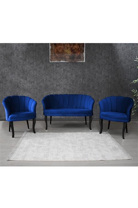 VIANEM Papatya Kollu Çay Seti 2+1+1 Balkon Ofis Cafe Bahçe Koltuk Takımı Siyah Ahşap Ayak