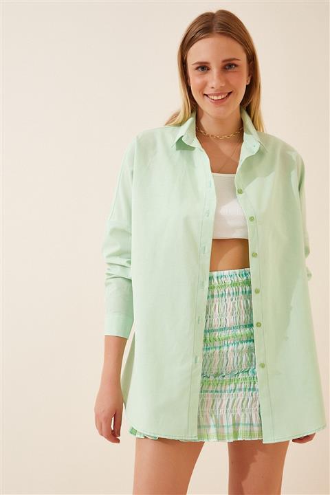 Happiness İst. Kadın Açık Yeşil Oversize Uzun Basic Gömlek DD00842