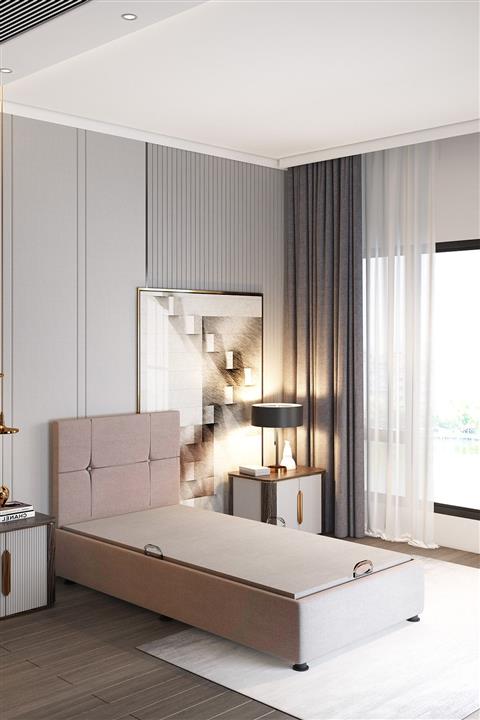 MAD Home Bej Irem Tek Çift Kişilik Güçlendirilmiş Çelik Baza + Başlık