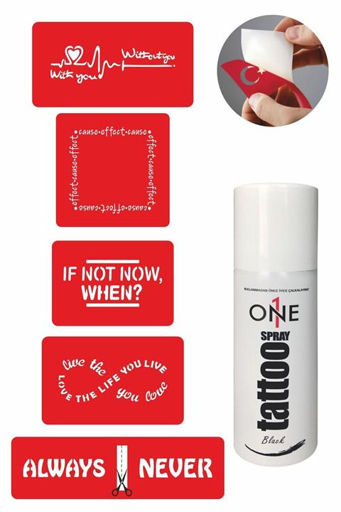 ONE SPRAY TATTOO Yazı Dövmeleri Siyah Tattoo Sprey Ve 5 Adet Geçici Dövme Deseni Seti