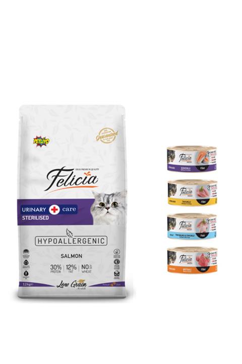 Felicia Kısırlaştırılmış Somonlu Kedi Maması 12 Kg + 4 Adet Yaş Mama - Petliyo