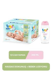 Uni Baby Hassas Dokunuş Islak Mendil 12'li 624 Yaprak +losyon 200 Ml Set