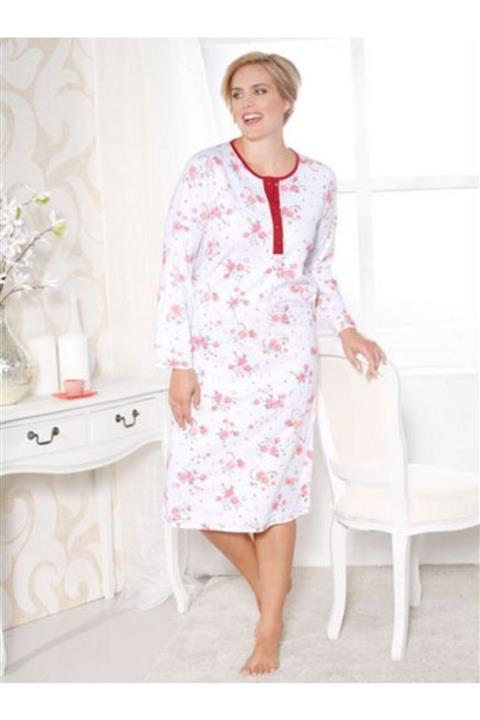 Nur Aka by Nurteks Kadın Pembe Desenli Yakası Düğmeli Büyük Beden Gecelik