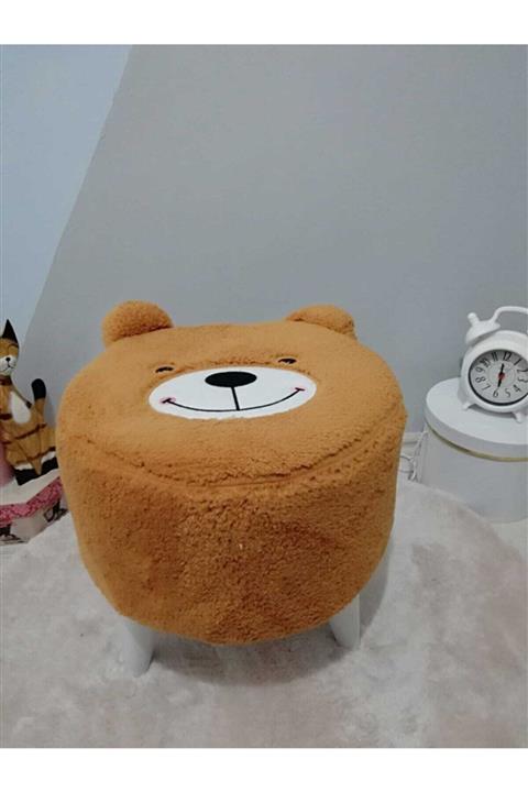 PufyHome Sevimli Ayıcık Dekoratif Ahşap Puf-kahve