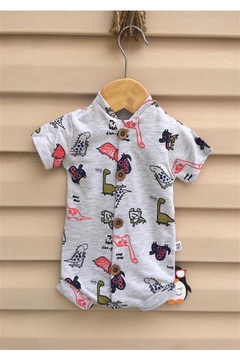 BEBEDONAT Unisex Bebek Gri Dino Motfili Kısa Kollu Tulum