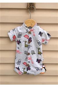 BEBEDONAT Unisex Bebek Gri Dino Motfili Kısa Kollu Tulum