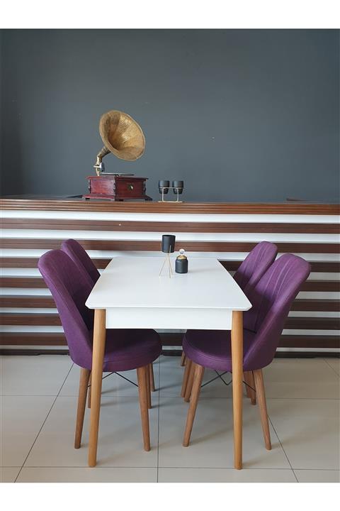 AG HOLZMANN Masa Takımı Beyaz Masa Mor Sandalye Takımı 4 Adet Mdf Masa