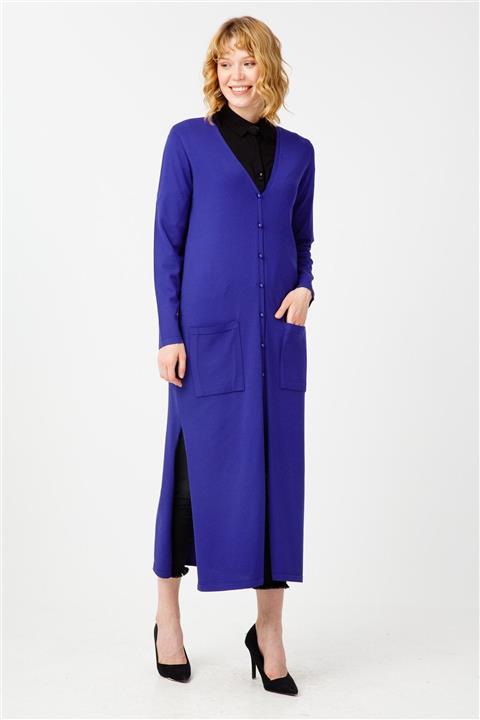 Tığ Triko Cepli Yırtmaçlı Uzun Rayon Hırka Morcivert