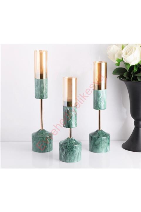 çilekev 3'lü Metal Yeşil Mermer Desenli Altın Çubuk Şamdan & Mumluk Seti