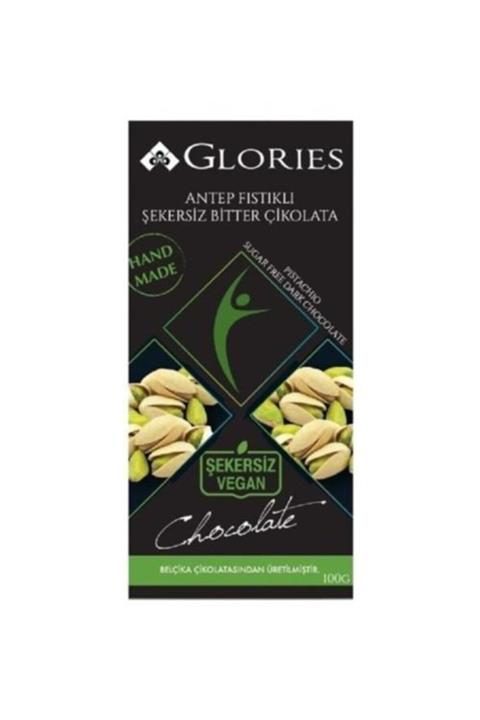 Glories Vegan Şekersiz Antep Fıstıklı Bitter Çikolata Diyet Çikolata 100 gr No Sugar Added Chocolate