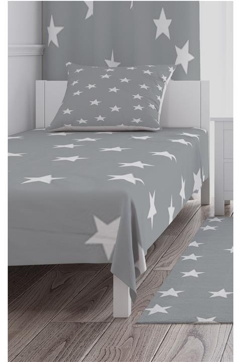 CİCİ TASARIM ÜRÜNLERİ Yatak Örtüsü Gri Zemin Beyaz Yıldızlar + Yastık Kılıfı Hediye