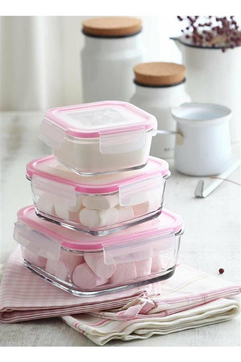 LAV Saklama Kabı 3 Lü Cam Kare Kilitli Saklama Kabı Fresco