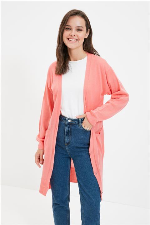 Trendyol Modest Pembe V Yaka Düğmeli Cep Detaylı Uzun Triko Hırka TCTAW22TH0004