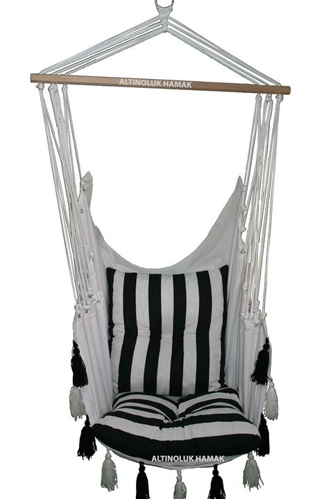 ALTINOLUK HAMAK Sandalye Salıncak Yeni Püsküllü Siyah Beyaz Minderli
