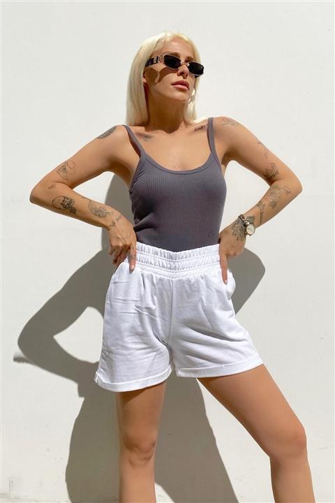 SwistLuxury Beyaz Beli Lastikli Iki Iplik Şort