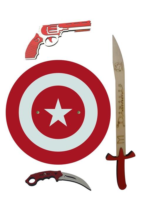 Ahtek Ahşap Oyuncak Silah Seti 4 Lü, Kalkan, Kılıç, Oyuncak Bıçak, Tabanca