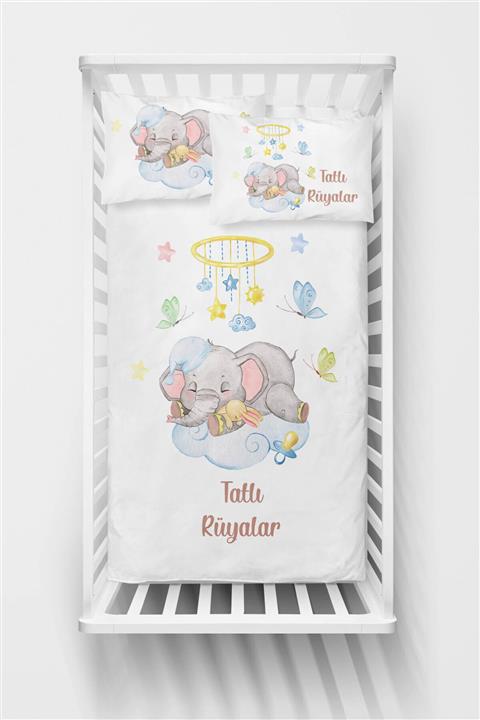 Homamia Unisex Bebek Beyaz Uyuyan Fil Desenli Nevresim Seti