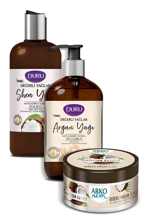 Duru Değerli Yağlar Shea Yağı Duş Jeli 500ml ve Argan Yağı Sıvı Sabun 500ml ve Nemlendirici Krem 250ml