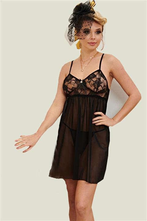 qp Secret Kadın Siyah Askılı Gecelik Mini Tül Fantezi