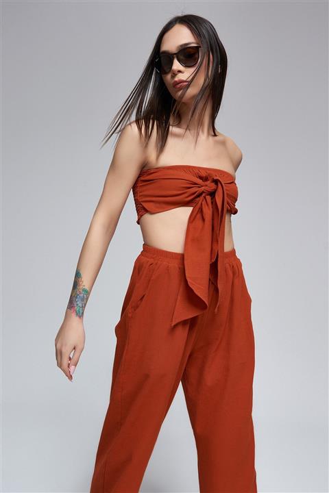 FOR YOU MODA Krinkıl Plaj Straplez Top Kiremit