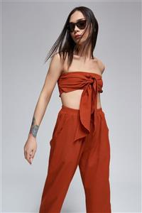 FOR YOU MODA Krinkıl Plaj Straplez Top Kiremit