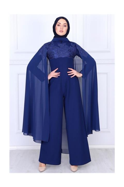 Modamihram Şal Detaylı Tesettür Abiye İndigo