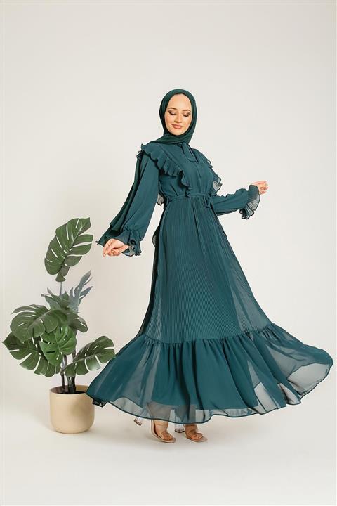 Şule Giyim Önü Ve Eteği Piliseli Fularlı Abiye Zümrüt