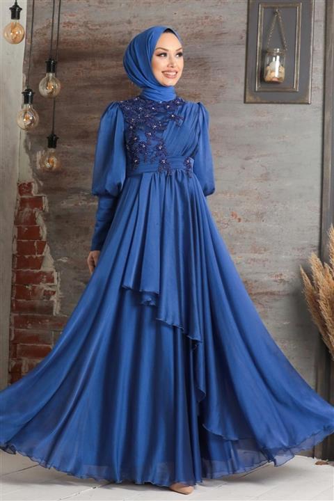 Neva Style Tesettürlü Abiye Elbise Inci Detaylı Indigo Mavisi Tesettür Abiye Elbise 21930ım