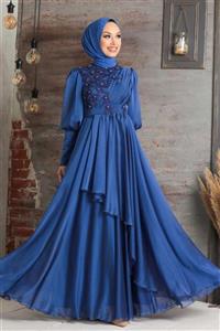 Neva Style Tesettürlü Abiye Elbise Inci Detaylı Indigo Mavisi Tesettür Abiye Elbise 21930ım