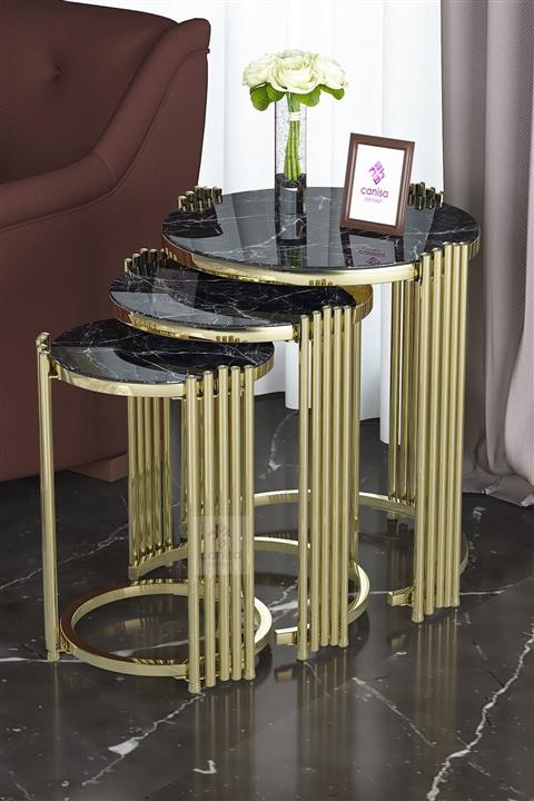 Canisa Concept Işıltı Serisi , Kırılmaz Temperli Cam , 3lü Zigon Sehpa Takımı, Siyah Mermer Desen Cam, Gold Ayak