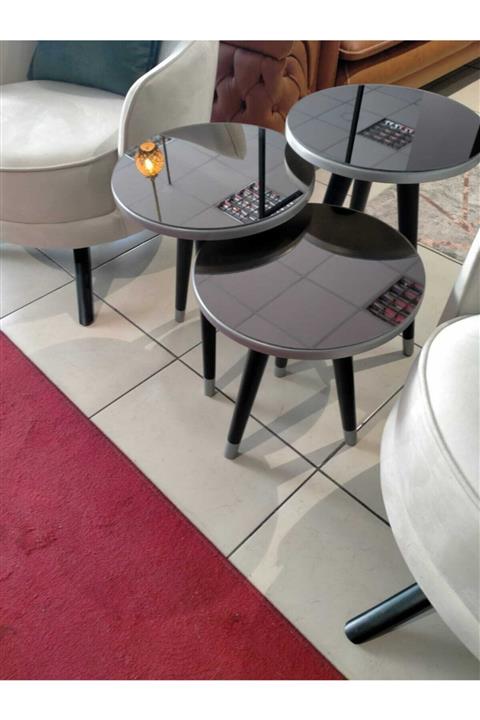 solmaz mobilya Aynalı Zigon Sehpa Gri Siyah Renk 3lü