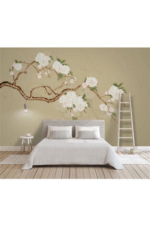 Renkli Duvarlar Beyaz Çiçekli Ağaç Özel Tasarım Duvar Kağıdı 5.00x2.70