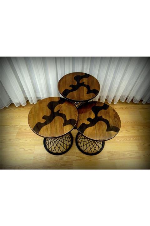 HeeDWooD Design Siyah Epoksi Dişbudak Tabla Siyah Pota Ayak 3lü Zigon Sehpa