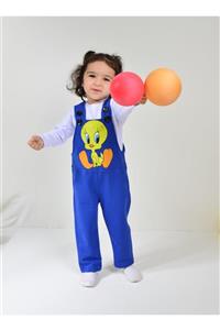 KİDSPİTİRCİK Unisex Çocuk Saks Mavi Tweety Desenli Salopet + Badi