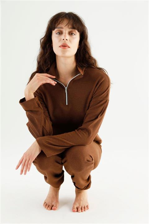 Siyah İnci Kahve Fermuarlı Alt-üst Triko Takım