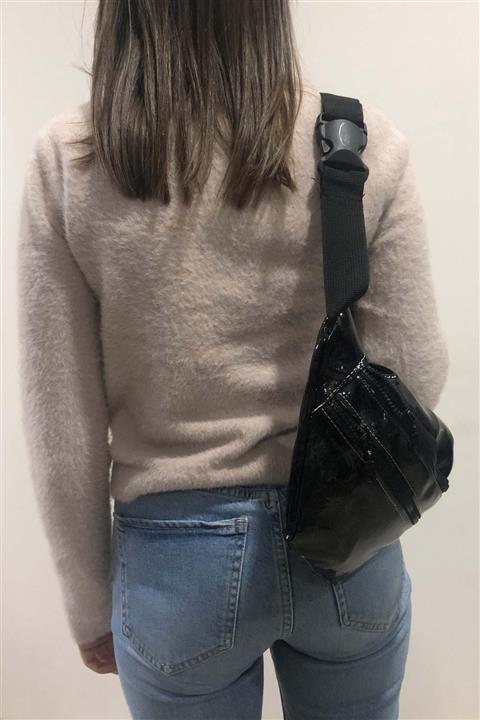 TREND Çift Bölmeli Kadın Bel Çantası Rugan Siyah Desenli 2450