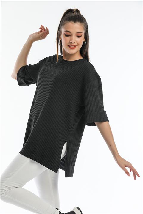 Zoze Tekstil Kadın Kaşkorse Antrasit Yırtmaçlı Duble Kol T-shirt