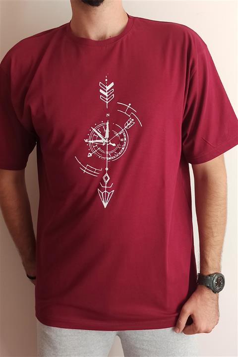 B&S Ticaret Unisex Kadın/erkek Bordo Baskılı Oversize Yuvarlak Yaka T-shirt