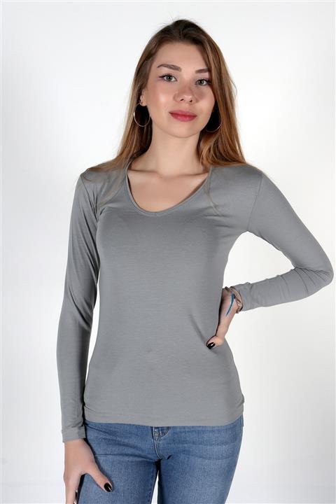 moda felinya Kadın Koyu Gri Uzun Kollu V Yaka Body